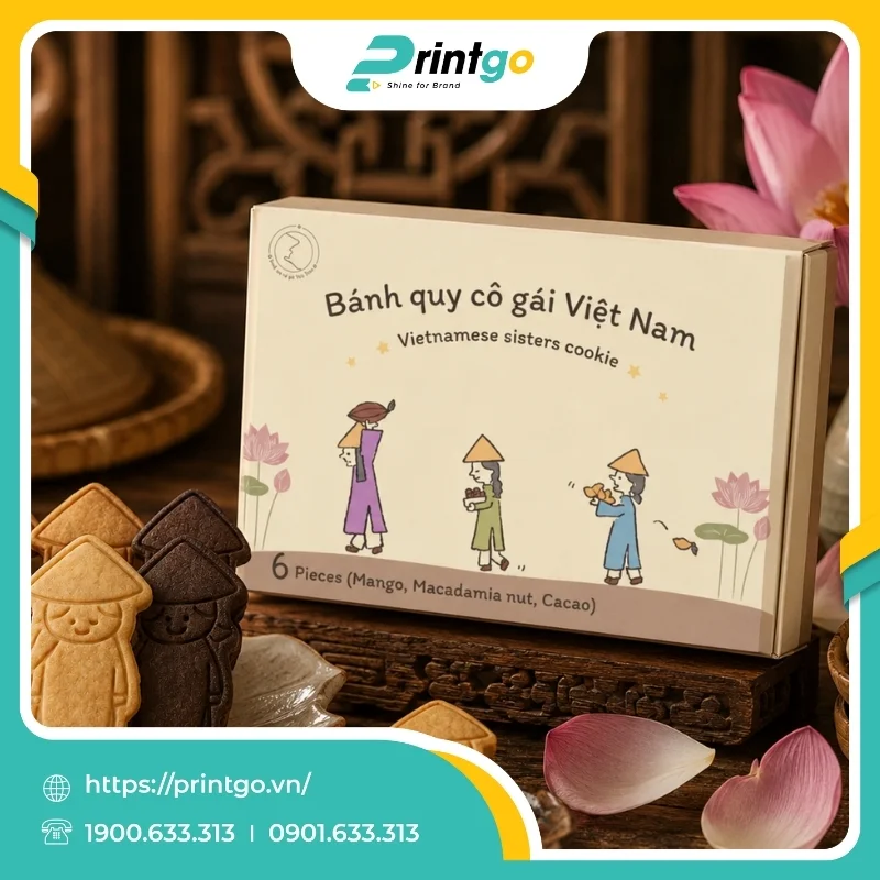 In hộp giấy mềm nắp gài đựng bánh quy cô gái Việt Nam