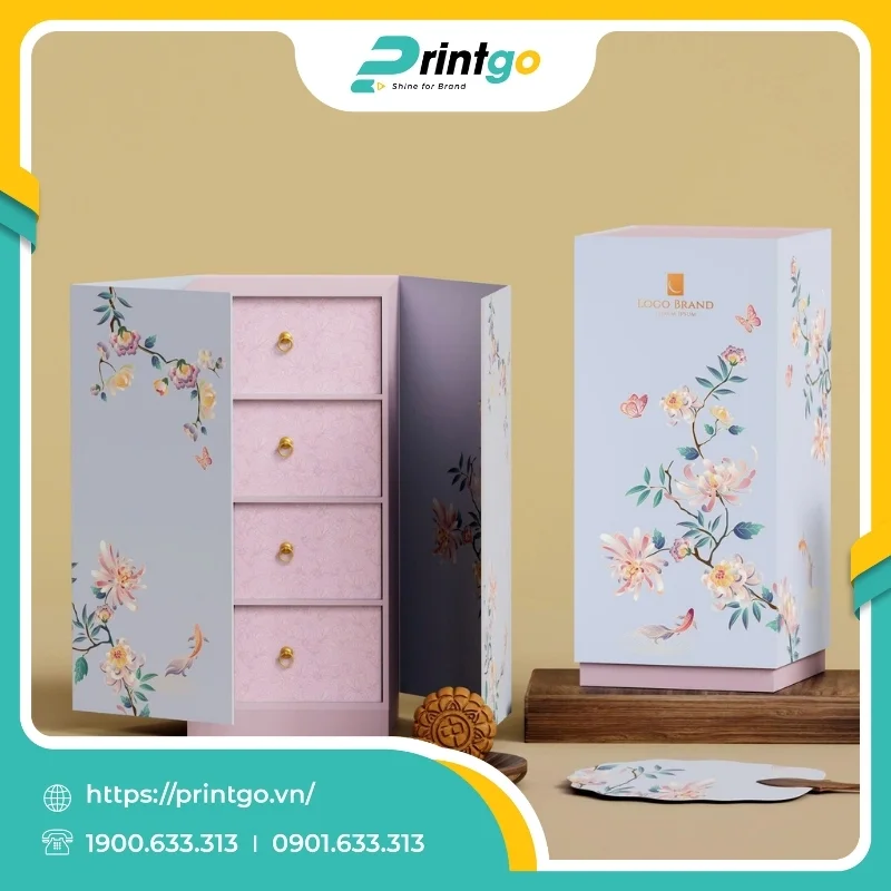 In hộp trung thu cánh bướm 4 ngăn Lam Cúc Nguyệt Viên 