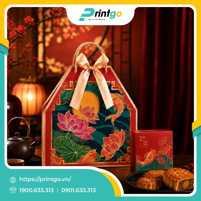 In hộp trung thu nắp gài đựng 4 bánh trung thu 200g