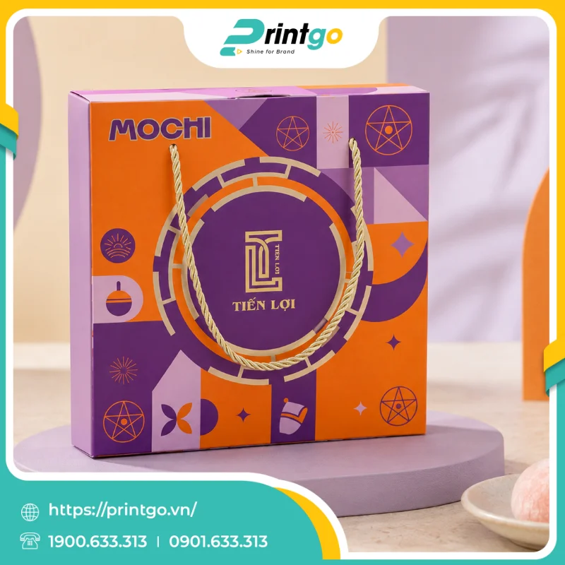 In hộp nắp gài có quai xách đựng bánh mochi