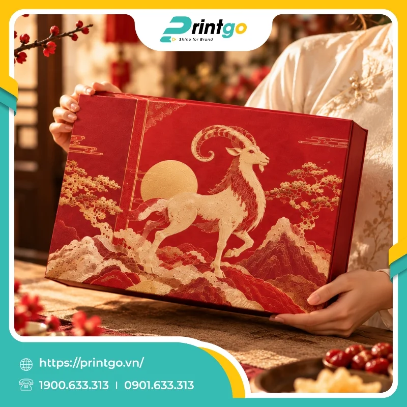 In hộp cứng nam châm cạnh đựng quà Tết Cát Tường Linh Dương
