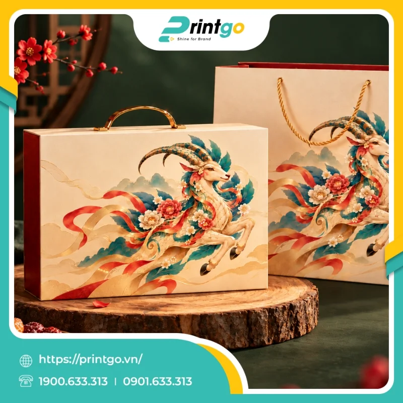 In hộp quai xách đựng quà tết Nghênh Xuân
