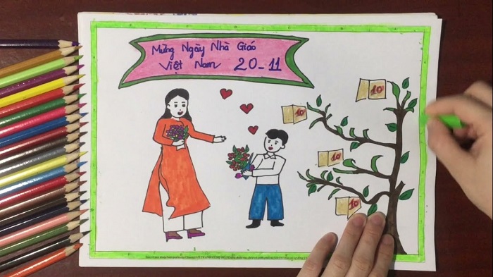 Cách vẽ tranh mĩ thuật lớp 8 Bài 9. Vẽ tranh lớp 8: Đề tài nhà giáo Việt  Nam 20-11. Đơn giản và đẹp nhất