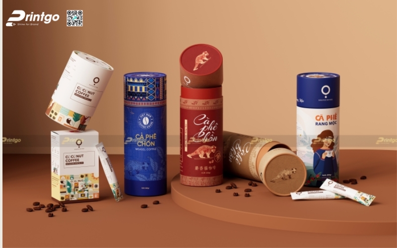 Mẫu in bao bì cà phê dạng hộp trụ tròn Mẫu in bao bì cà phê dạng hộp trụ tròn