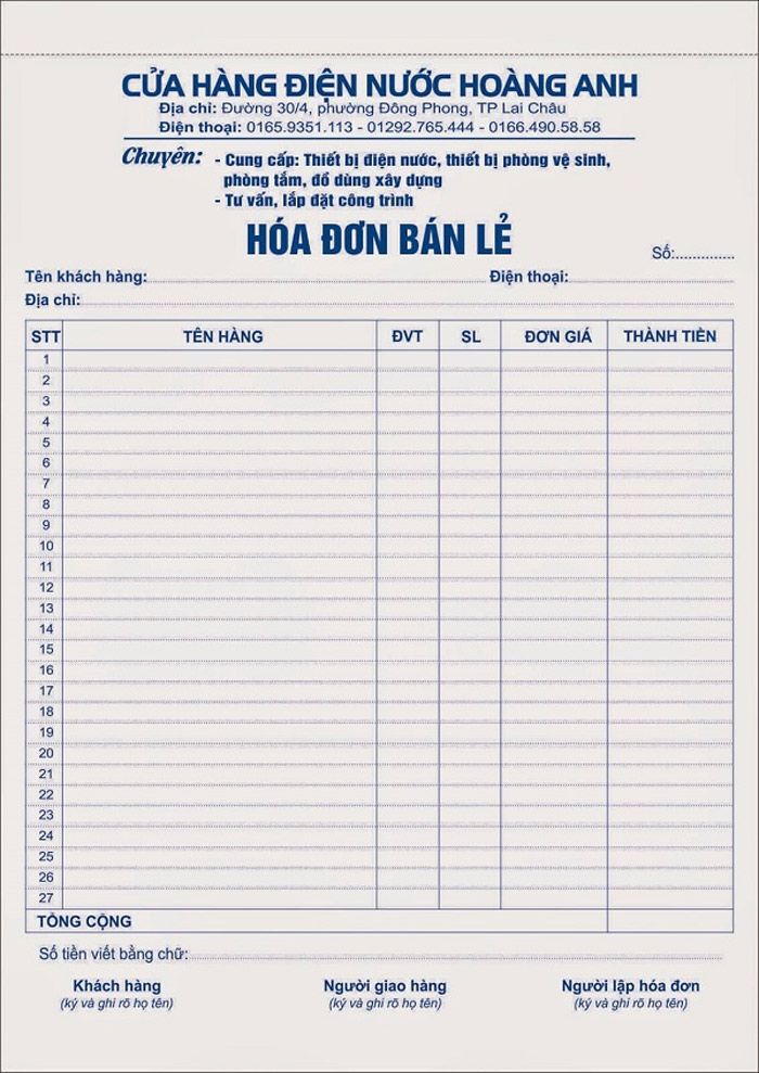 Font chữ in hóa đơn cần rõ ràng
