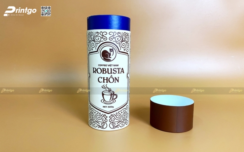 Mẫu in bao bì cà phê dạng hộp trụ tròn Mẫu in bao bì cà phê dạng hộp trụ tròn