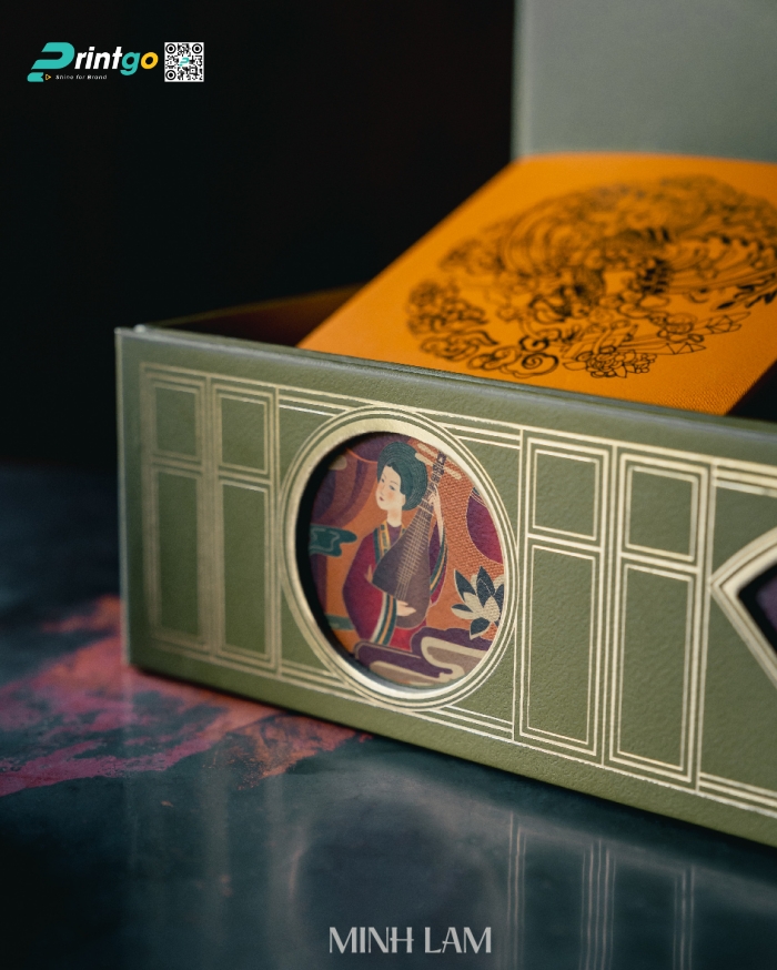 Hộp đựng bánh trung thu và trà sử dụng gia công cán vân trên giấy Hộp đựng bánh trung thu và trà sử dụng gia công cán vân trên giấy