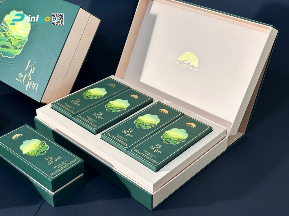 Dự án cán vân trên giấy của Printgo - Hộp đựng trà Ecogarden Kigen Dự án cán vân trên giấy của Printgo - Hộp đựng trà Ecogarden Kigen