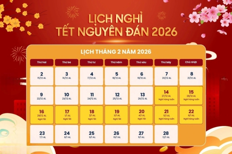 Lịch nghỉ Tết Nguyên Đán 2026 (Âm lịch) Lịch nghỉ Tết Nguyên Đán 2026 (Âm lịch)