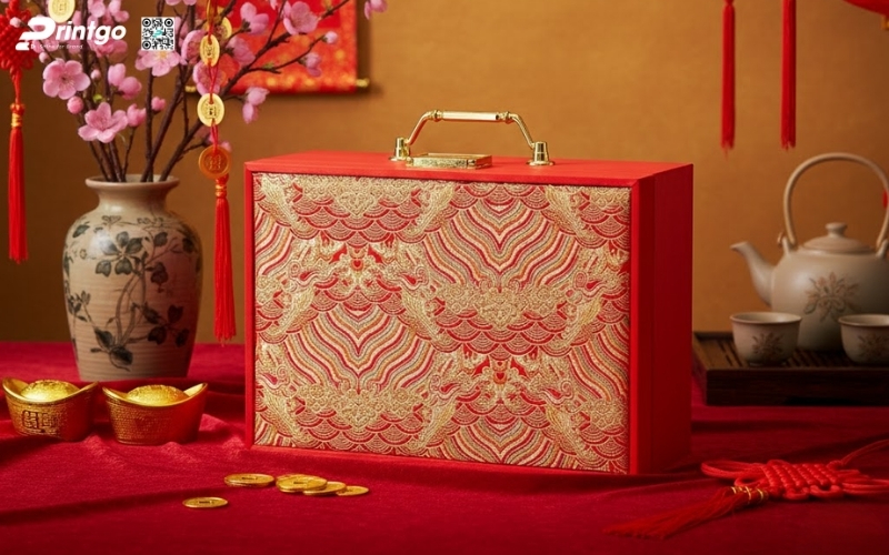 Mẫu hộp quà tết bọc nhung có quai xách Mẫu hộp quà tết bọc nhung có quai xách