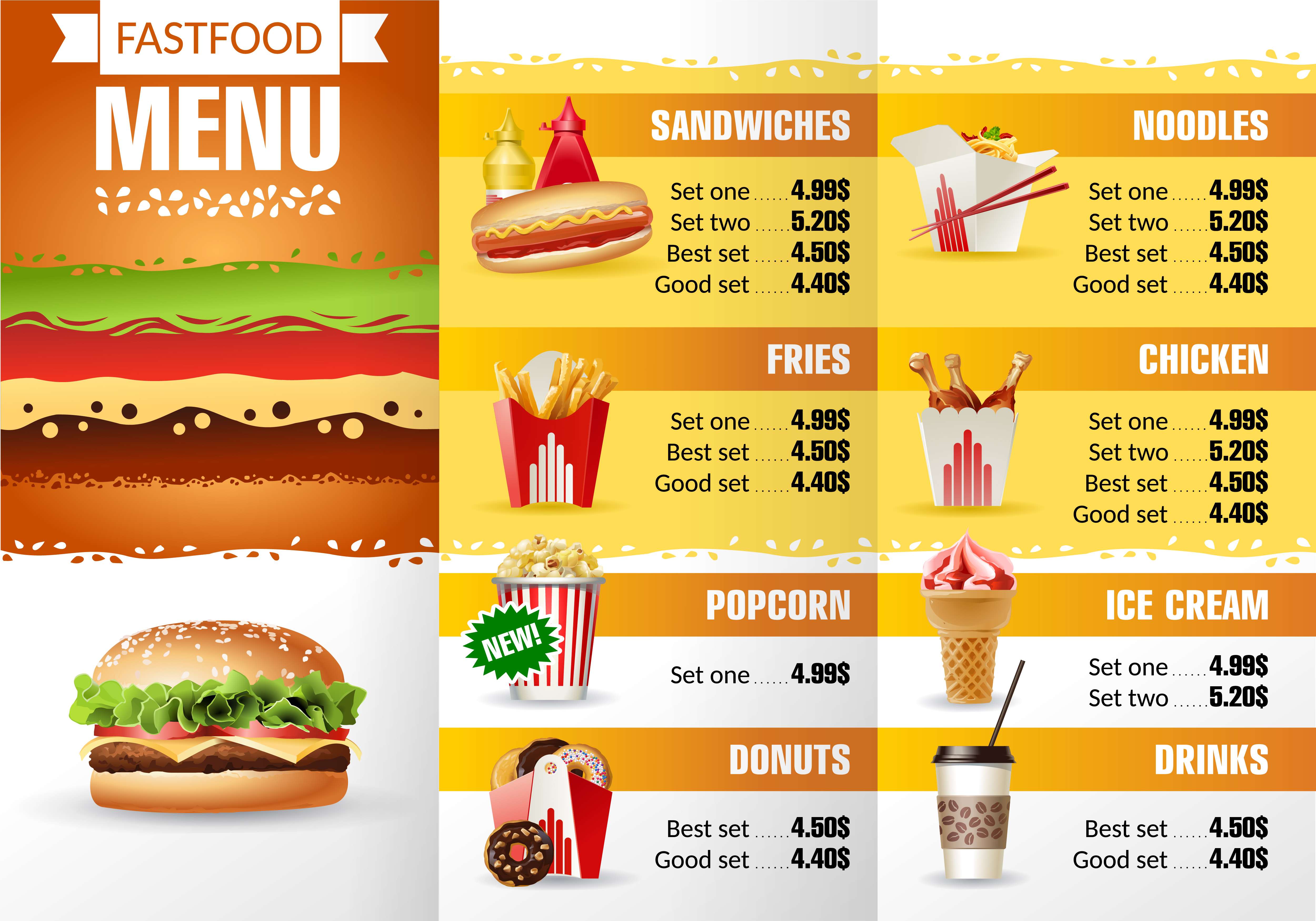 Goods menu. Макет меню для фаст фуда. Меню быстрого питания. Меню ресторана быстрого питания. Меню кафе фаст фуда.