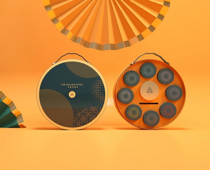 Tông màu xanh vàng trầm của hộp bánh Tông màu xanh vàng trầm của hộp bánh